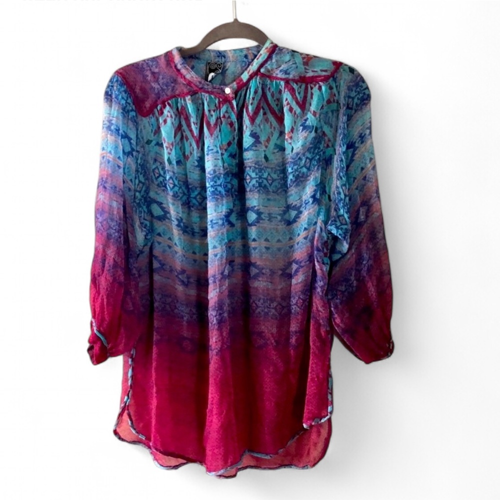 CASUAL STUDIO OMBRÉ AZTEC DESIGN 3/4 BUTTON DOWN LIGHTWEIGHT BOHO TOP MEDIUM